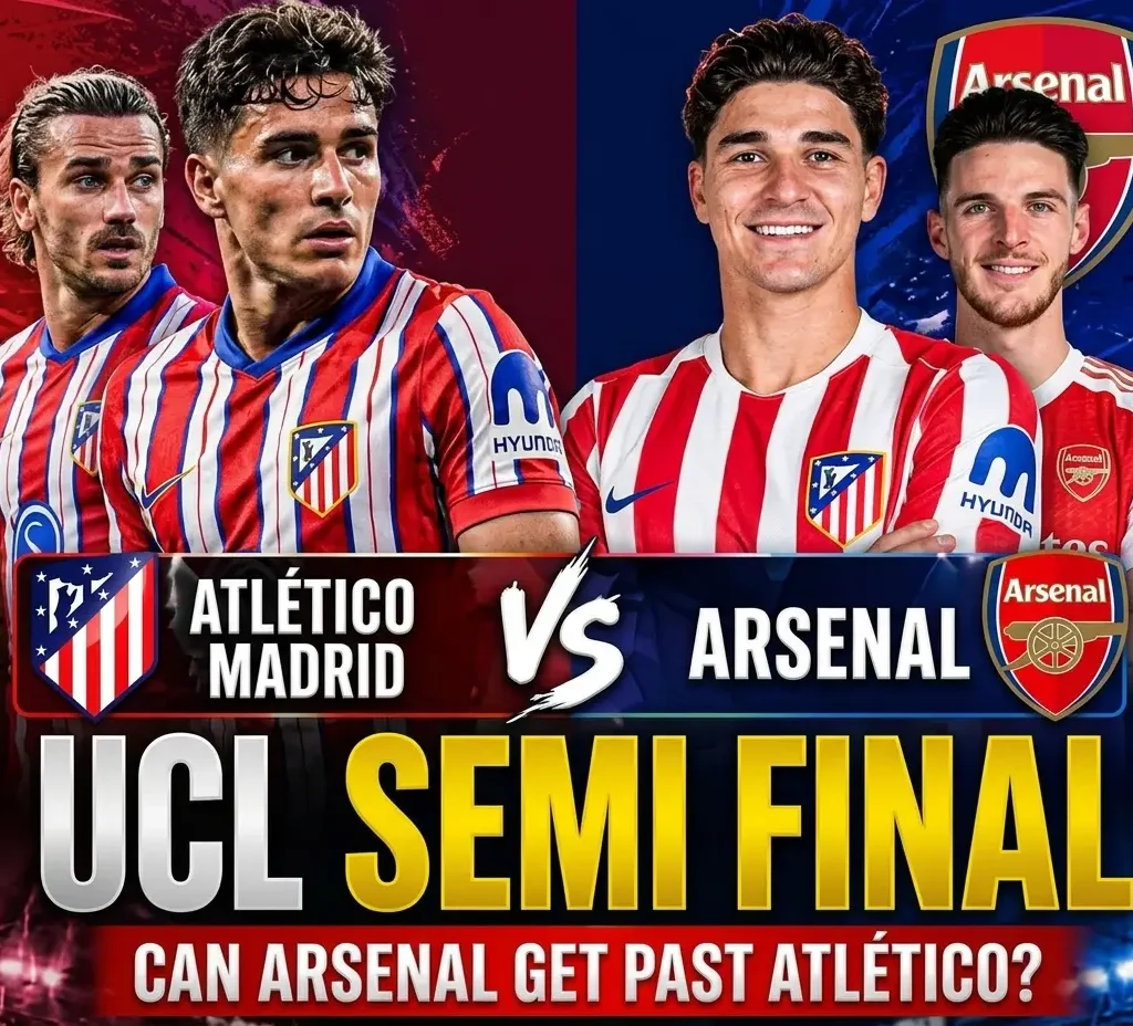 Winbuz UCL match insight showing Atlético vs Arsenal semi final clash with players competing in a high intensity Champions League match