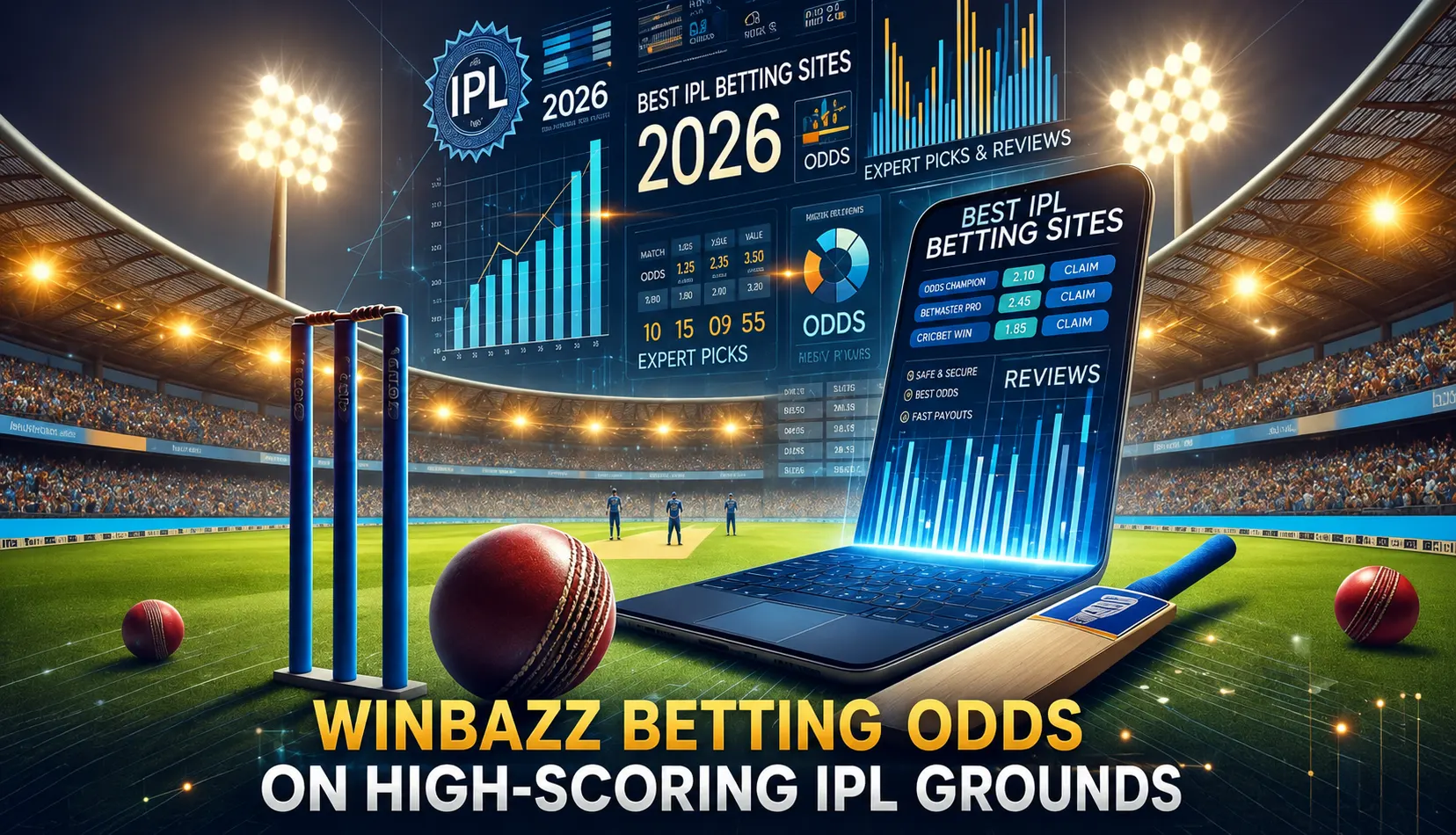 Winbazz betting odds analysis on high-scoring IPL cricket grounds with batting-friendly pitch insights and match predictions.