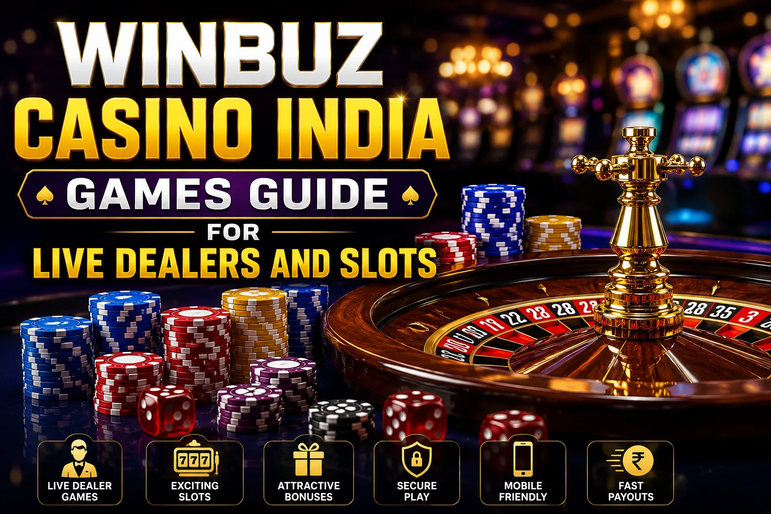 Winbuz Casino India gaming interface featuring live dealer blackjack tables, online slot games, casino chips, roulette wheel, and mobile casino entertainment for Indian players.