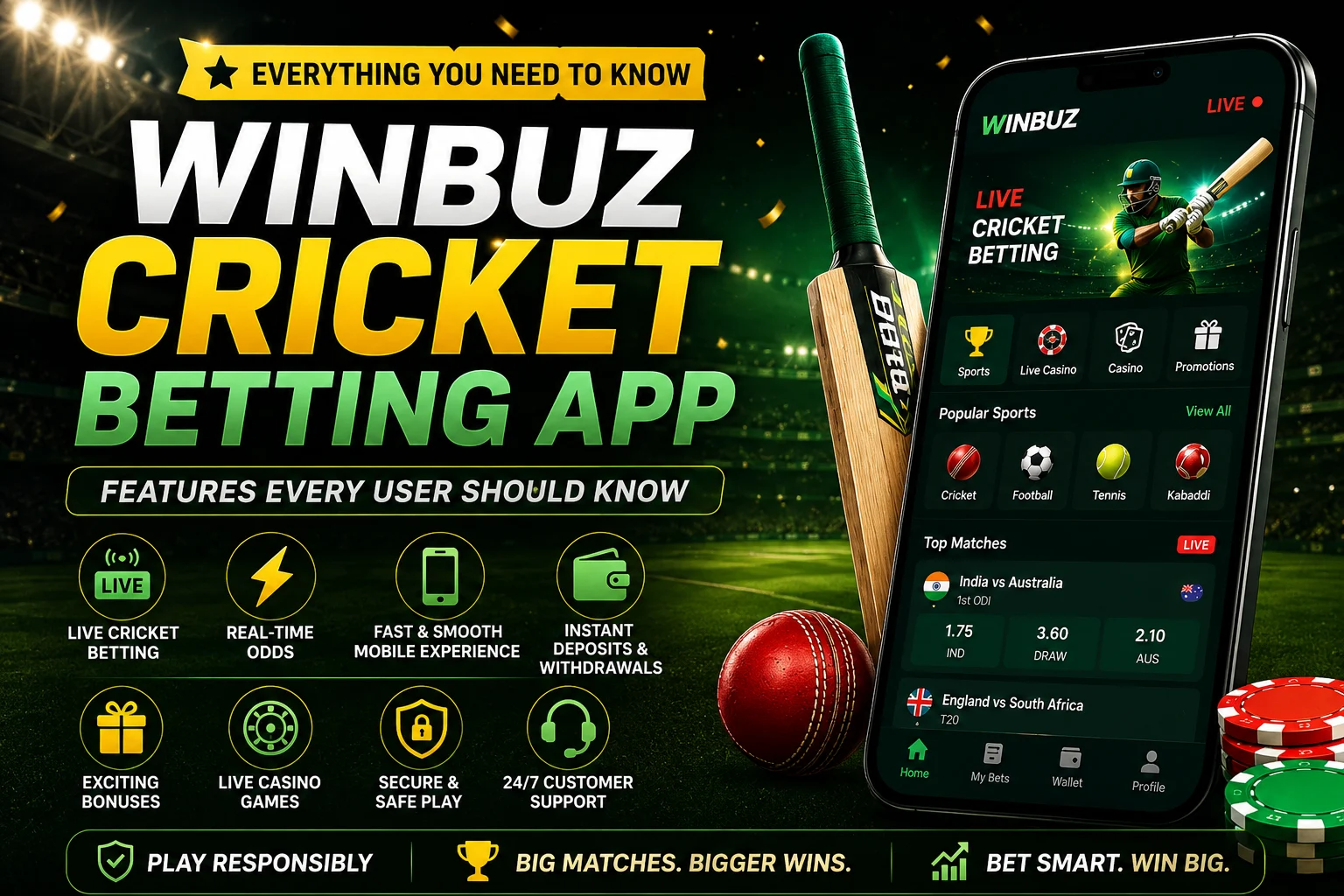 Winbuz Cricket Betting App interface showing live cricket betting odds, IPL match tracking, sportsbook dashboard, mobile betting features, and live casino gaming options.