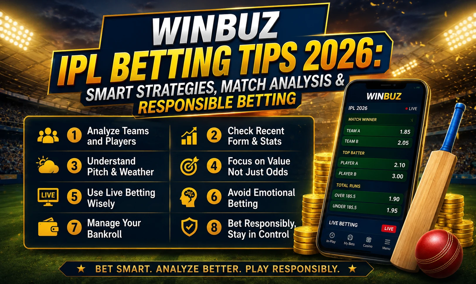 Winbuz IPL Betting Tips 2026 banner with cricket betting strategies, live betting app interface, stadium background, and responsible IPL betting theme