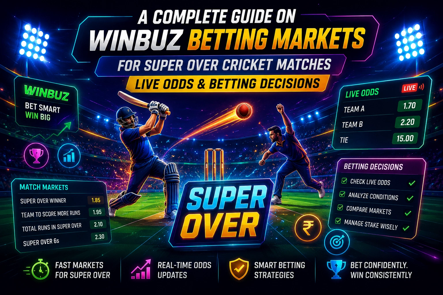 Winbuz super over betting guide with live cricket odds, match analysis, and betting decision graphics during a super over match.