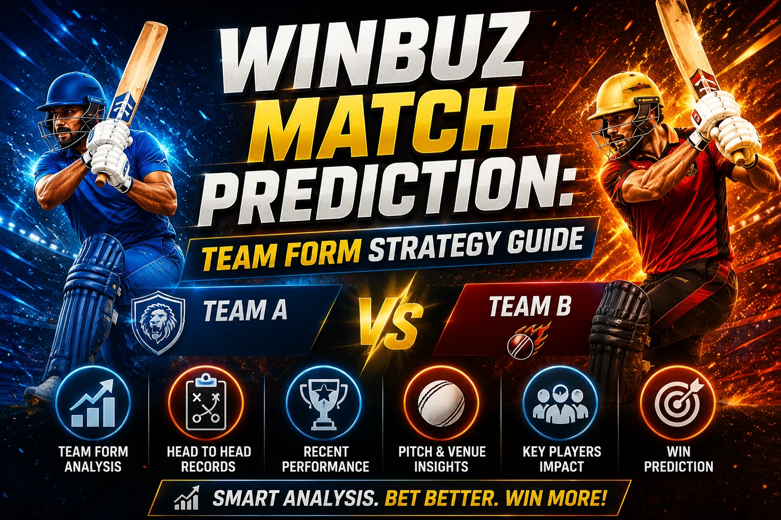 Winbuz match prediction banner featuring two cricketers, team form analysis, and T20 strategy insights.