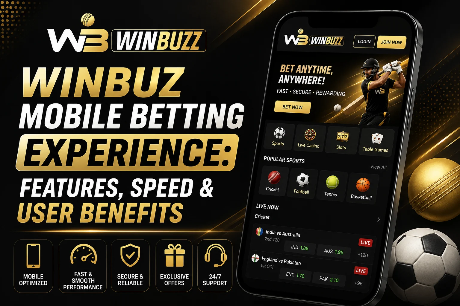 Winbuz Mobile Betting app interface showcasing features, speed, and user-friendly betting experience.